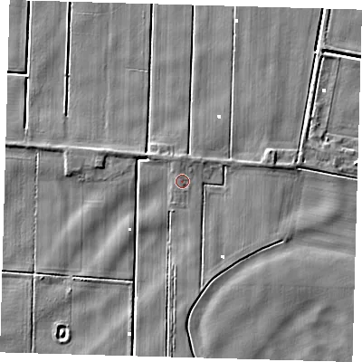 Shaded relief map of the ground around PE72DR, computed from Environment Agency LiDAR. The ground here sits at about 1 m above sea level and falls 4 m across the surrounding 800 m. Surface water reaching this point runs off ground lying to the north, 0.8 m higher.