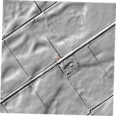 Shaded relief map of the ground around PE72DT, computed from Environment Agency LiDAR. The ground here sits at about 1 m above sea level and falls 4 m across the surrounding 800 m. Surface water reaching this point runs off ground lying to the east-south-east, 3.0 m higher.