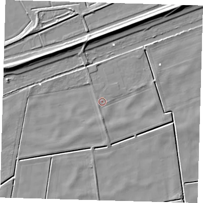 Shaded relief map of the ground around PE72DU, computed from Environment Agency LiDAR. The ground here sits at about 0 m above sea level and falls 7 m across the surrounding 800 m. Surface water reaching this point runs off ground lying to the south, 0.9 m higher.