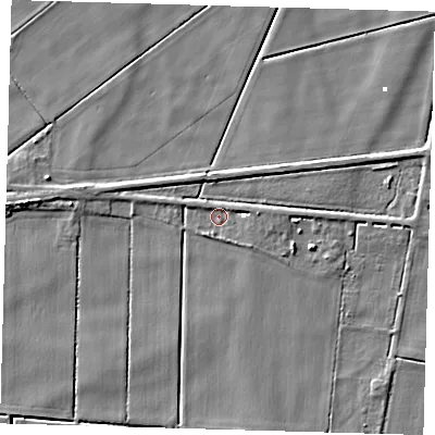 Shaded relief map of the ground around PE72DW, computed from Environment Agency LiDAR. The ground here sits at about -0 m above sea level and falls 5 m across the surrounding 800 m. Surface water reaching this point runs off ground lying to the east-north-east, 1.7 m higher.