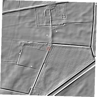 Shaded relief map of the ground around PE72DX, computed from Environment Agency LiDAR. The ground here sits at about 1 m above sea level and falls 4 m across the surrounding 800 m. Surface water reaching this point runs off ground lying to the north-north-west, 1.3 m higher.