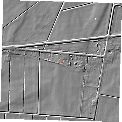 Shaded relief map of the ground around PE72EF, computed from Environment Agency LiDAR. The ground here sits at about 1 m above sea level and falls 4 m across the surrounding 800 m. Surface water reaching this point runs off ground lying to the north, 1.2 m higher.
