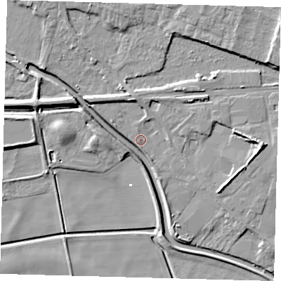 Shaded relief map of the ground around PE72EY, computed from Environment Agency LiDAR. The ground here sits at about 2 m above sea level and falls 11 m across the surrounding 800 m. Surface water reaching this point runs off ground lying to the north-north-west, 3.6 m higher.