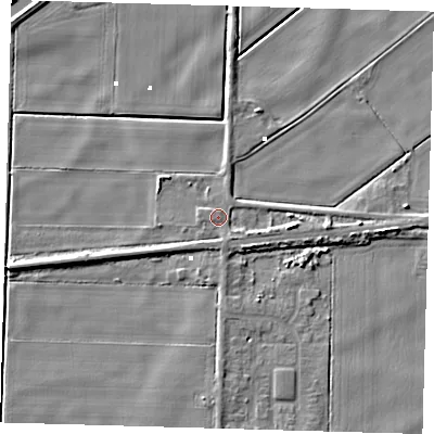 Shaded relief map of the ground around PE72FS, computed from Environment Agency LiDAR. The ground here sits at about 1 m above sea level and falls 6 m across the surrounding 800 m. Surface water reaching this point runs off ground lying to the south-south-east, 1.7 m higher.