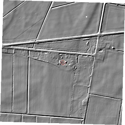 Shaded relief map of the ground around PE72FY, computed from Environment Agency LiDAR. The ground here sits at about -0 m above sea level and falls 5 m across the surrounding 800 m. Surface water reaching this point runs off ground lying to the west-north-west, 2.5 m higher.
