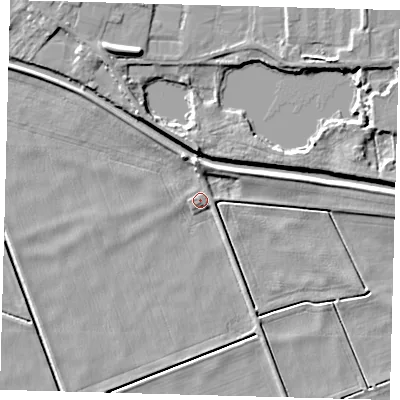 Shaded relief map of the ground around PE72HB, computed from Environment Agency LiDAR. The ground here sits at about 0 m above sea level and falls 8 m across the surrounding 800 m. Surface water reaching this point runs off ground lying to the east, 1.6 m higher.