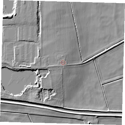 Shaded relief map of the ground around PE72HD, computed from Environment Agency LiDAR. The ground here sits at about 4 m above sea level and falls 10 m across the surrounding 800 m. Surface water reaching this point runs off ground lying to the west-south-west, 0.7 m higher.