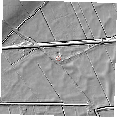 Shaded relief map of the ground around PE72HG, computed from Environment Agency LiDAR. The ground here sits at about 0 m above sea level and falls 8 m across the surrounding 800 m. Surface water reaching this point runs off ground lying to the south-south-west, 1.3 m higher.