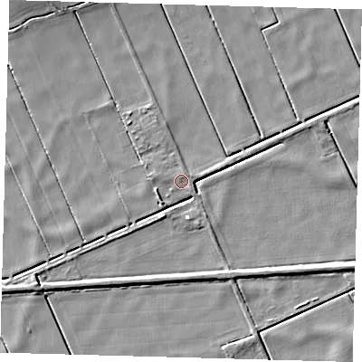 Shaded relief map of the ground around PE72HJ, computed from Environment Agency LiDAR. The ground here sits at about -0 m above sea level and falls 5 m across the surrounding 800 m. Surface water reaching this point runs off ground lying to the south-south-west, 3.4 m higher.