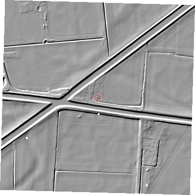 Shaded relief map of the ground around PE72HL, computed from Environment Agency LiDAR. The ground here sits at about 1 m above sea level and falls 6 m across the surrounding 800 m. Surface water reaching this point runs off ground lying to the east-south-east, 3.5 m higher.