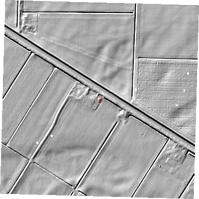 Shaded relief map of the ground around PE72HN, computed from Environment Agency LiDAR. The ground here sits at about 1 m above sea level and falls 4 m across the surrounding 800 m. Surface water reaching this point runs off ground lying to the east-north-east, 2.0 m higher.