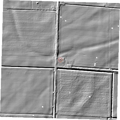 Shaded relief map of the ground around PE72HP, computed from Environment Agency LiDAR. The ground here sits at about 1 m above sea level and falls 4 m across the surrounding 800 m. The ground contributing surface water to this point lies to the west-south-west.