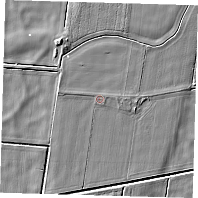 Shaded relief map of the ground around PE72HR, computed from Environment Agency LiDAR. The ground here sits at about 1 m above sea level and falls 7 m across the surrounding 800 m. The ground contributing surface water to this point lies to the north-east.