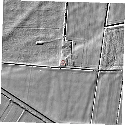 Shaded relief map of the ground around PE72HS, computed from Environment Agency LiDAR. The ground here sits at about 1 m above sea level and falls 5 m across the surrounding 800 m. Surface water reaching this point runs off ground lying to the south, 0.6 m higher.