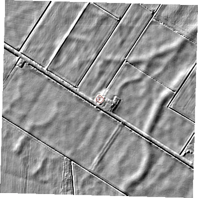 Shaded relief map of the ground around PE72HU, computed from Environment Agency LiDAR. The ground here sits at about -0 m above sea level and falls 3 m across the surrounding 800 m. Surface water reaching this point runs off ground lying to the east-south-east, 2.5 m higher.