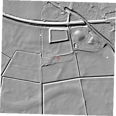 Shaded relief map of the ground around PE72LA, computed from Environment Agency LiDAR. The ground here sits at about -1 m above sea level and falls 8 m across the surrounding 800 m. Surface water reaching this point runs off ground lying to the west-north-west, 1.3 m higher.