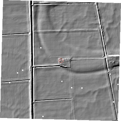 Shaded relief map of the ground around PE72LF, computed from Environment Agency LiDAR. The ground here sits at about 1 m above sea level and falls 5 m across the surrounding 800 m. Surface water reaching this point runs off ground lying to the north, 1.0 m higher.