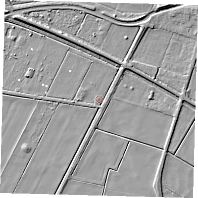 Shaded relief map of the ground around PE72LH, computed from Environment Agency LiDAR. The ground here sits at about 0 m above sea level and falls 8 m across the surrounding 800 m. Surface water reaching this point runs off ground lying to the west, 2.2 m higher.