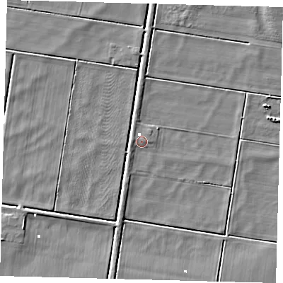 Shaded relief map of the ground around PE72LJ, computed from Environment Agency LiDAR. The ground here sits at about 0 m above sea level and falls 4 m across the surrounding 800 m. Surface water reaching this point runs off ground lying to the west, 1.9 m higher.