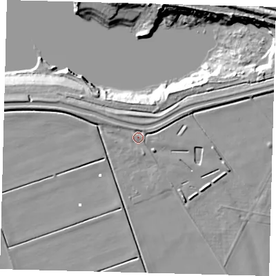 Shaded relief map of the ground around PE72LN, computed from Environment Agency LiDAR. The ground here sits at about 2 m above sea level and falls 17 m across the surrounding 800 m. Surface water reaching this point runs off ground lying to the south-south-east, 1.3 m higher.