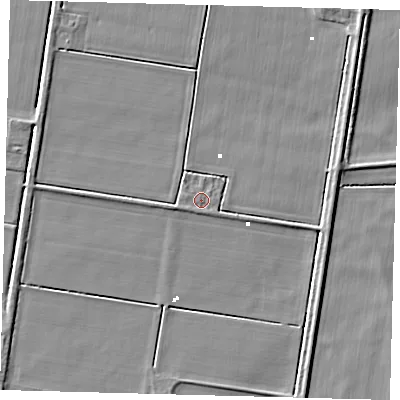 Shaded relief map of the ground around PE72LP, computed from Environment Agency LiDAR. The ground here sits at about 1 m above sea level and falls 4 m across the surrounding 800 m. Surface water reaching this point runs off ground lying to the west-south-west, 1.0 m higher.