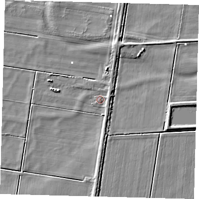Shaded relief map of the ground around PE72LR, computed from Environment Agency LiDAR. The ground here sits at about 0 m above sea level and falls 6 m across the surrounding 800 m. Surface water reaching this point runs off ground lying to the east-north-east, 1.5 m higher.