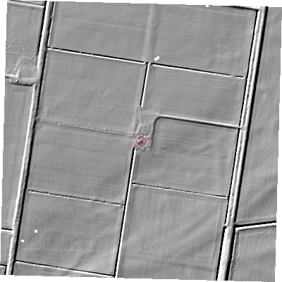 Shaded relief map of the ground around PE72LS, computed from Environment Agency LiDAR. The ground here sits at about 1 m above sea level and falls 5 m across the surrounding 800 m. Surface water reaching this point runs off ground lying to the west, 0.9 m higher.