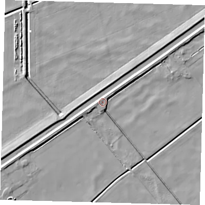 Shaded relief map of the ground around PE72LT, computed from Environment Agency LiDAR. The ground here sits at about 1 m above sea level and falls 5 m across the surrounding 800 m. Surface water reaching this point runs off ground lying to the west-north-west, 2.8 m higher.
