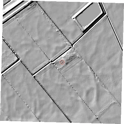 Shaded relief map of the ground around PE72LU, computed from Environment Agency LiDAR. The ground here sits at about -0 m above sea level and falls 5 m across the surrounding 800 m. Surface water reaching this point runs off ground lying to the east, 1.7 m higher.