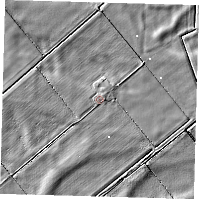 Shaded relief map of the ground around PE72LY, computed from Environment Agency LiDAR. The ground here sits at about -0 m above sea level and falls 5 m across the surrounding 800 m. Surface water reaching this point runs off ground lying to the south-east, 2.4 m higher.