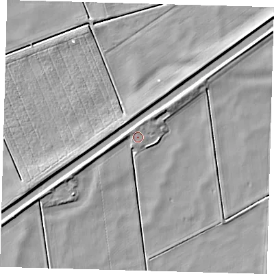 Shaded relief map of the ground around PE72NA, computed from Environment Agency LiDAR. The ground here sits at about 1 m above sea level and falls 5 m across the surrounding 800 m. Surface water reaching this point runs off ground lying to the north-west, 1.2 m higher.