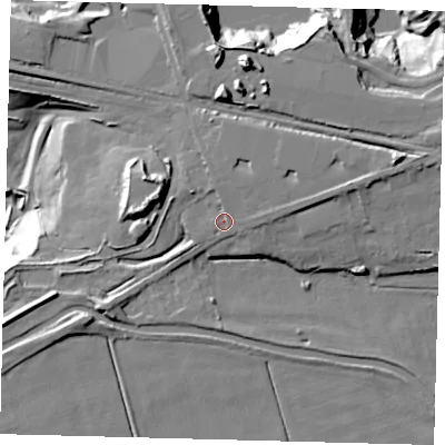 Shaded relief map of the ground around PE72PA, computed from Environment Agency LiDAR. The ground here sits at about 5 m above sea level and falls 32 m across the surrounding 800 m. Surface water reaching this point runs off ground lying to the east-north-east, 2.7 m higher.