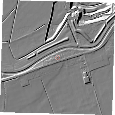 Shaded relief map of the ground around PE72PD, computed from Environment Agency LiDAR. The ground here sits at about 4 m above sea level and falls 28 m across the surrounding 800 m. Surface water reaching this point runs off ground lying to the south-south-west, 1.7 m higher.