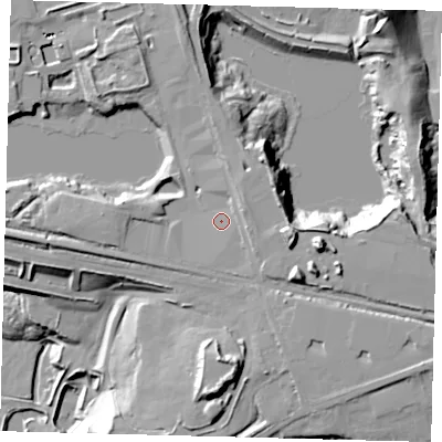 Shaded relief map of the ground around PE72PG, computed from Environment Agency LiDAR. The ground here sits at about 4 m above sea level and falls 33 m across the surrounding 800 m. Surface water reaching this point runs off ground lying to the east-north-east, 3.3 m higher.