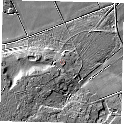 Shaded relief map of the ground around PE73BZ, computed from Environment Agency LiDAR. The ground here sits at about 5 m above sea level and falls 13 m across the surrounding 800 m. Surface water reaching this point runs off ground lying to the south-west, 3.6 m higher.
