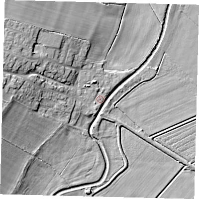 Shaded relief map of the ground around PE73DF, computed from Environment Agency LiDAR. The ground here sits at about 3 m above sea level and falls 17 m across the surrounding 800 m. Surface water reaching this point runs off ground lying to the west-north-west, 7.1 m higher.
