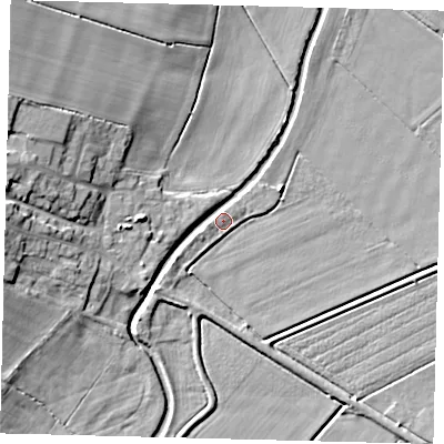 Shaded relief map of the ground around PE73DG, computed from Environment Agency LiDAR. The ground here sits at about 2 m above sea level and falls 14 m across the surrounding 800 m. Surface water reaching this point runs off ground lying to the west-north-west, 12.3 m higher.