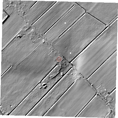 Shaded relief map of the ground around PE73DH, computed from Environment Agency LiDAR. The ground here sits at about 2 m above sea level and falls 8 m across the surrounding 800 m. Surface water reaching this point runs off ground lying to the north-west, 1.2 m higher.