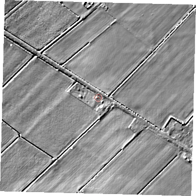 Shaded relief map of the ground around PE73DJ, computed from Environment Agency LiDAR. The ground here sits at about 1 m above sea level and falls 7 m across the surrounding 800 m. Surface water reaching this point runs off ground lying to the east-north-east, 1.4 m higher.