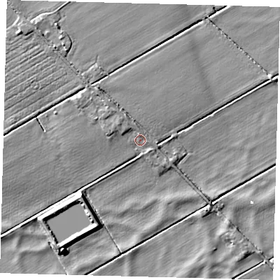 Shaded relief map of the ground around PE73DL, computed from Environment Agency LiDAR. The ground here sits at about 1 m above sea level and falls 5 m across the surrounding 800 m. Surface water reaching this point runs off ground lying to the north-north-west, 1.7 m higher.