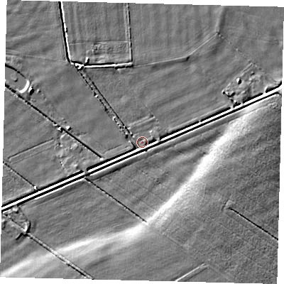 Shaded relief map of the ground around PE73DQ, computed from Environment Agency LiDAR. The ground here sits at about 1 m above sea level and falls 4 m across the surrounding 800 m. Surface water reaching this point runs off ground lying to the east-north-east, 2.3 m higher.