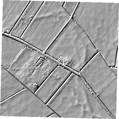 Shaded relief map of the ground around PE73DR, computed from Environment Agency LiDAR. The ground here sits at about -0 m above sea level and falls 4 m across the surrounding 800 m. Surface water reaching this point runs off ground lying to the south-east, 2.8 m higher.