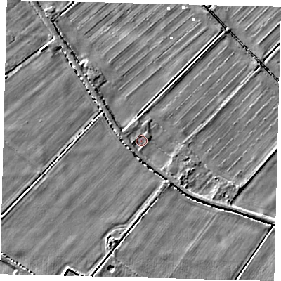 Shaded relief map of the ground around PE73DS, computed from Environment Agency LiDAR. The ground here sits at about 1 m above sea level and falls 6 m across the surrounding 800 m. Surface water reaching this point runs off ground lying to the west-south-west, 1.1 m higher.