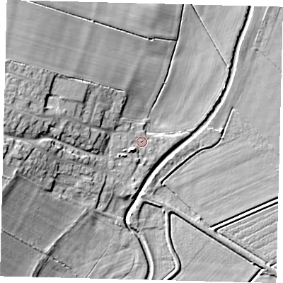 Shaded relief map of the ground around PE73DU, computed from Environment Agency LiDAR. The ground here sits at about 4 m above sea level and falls 17 m across the surrounding 800 m. Surface water reaching this point runs off ground lying to the west-north-west, 5.3 m higher.