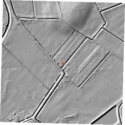 Shaded relief map of the ground around PE73GH, computed from Environment Agency LiDAR. The ground here sits at about 2 m above sea level and falls 6 m across the surrounding 800 m. Surface water reaching this point runs off ground lying to the west-south-west, 2.6 m higher.