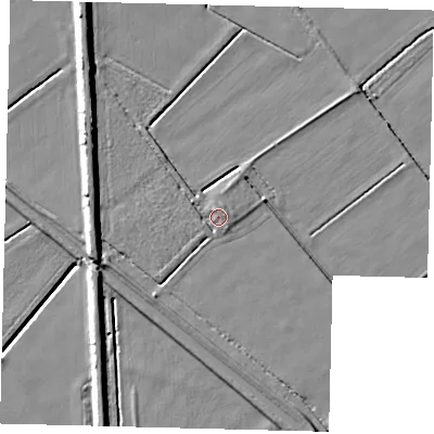 Shaded relief map of the ground around PE73HX, computed from Environment Agency LiDAR. The ground here sits at about -1 m above sea level and falls 11 m across the surrounding 800 m. Surface water reaching this point runs off ground lying to the north-north-east, 2.6 m higher.