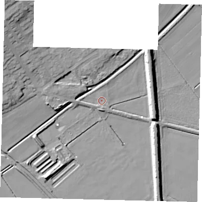 Shaded relief map of the ground around PE73HZ, computed from Environment Agency LiDAR. The ground here sits at about 1 m above sea level and falls 21 m across the surrounding 800 m. Surface water reaching this point runs off ground lying to the south, 2.2 m higher.