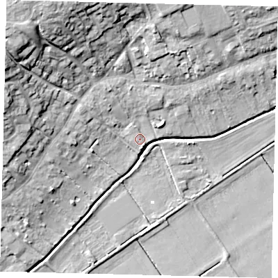 Shaded relief map of the ground around PE73LA, computed from Environment Agency LiDAR. The ground here sits at about 3 m above sea level and falls 23 m across the surrounding 800 m. Surface water reaching this point runs off ground lying to the north-west, 18.7 m higher.