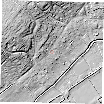 Shaded relief map of the ground around PE73LD, computed from Environment Agency LiDAR. The ground here sits at about 5 m above sea level and falls 27 m across the surrounding 800 m. Surface water reaching this point runs off ground lying to the west-north-west, 18.4 m higher.