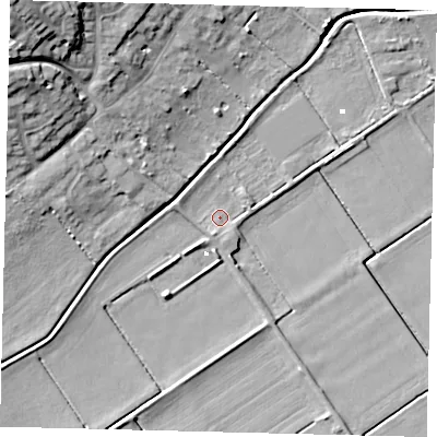 Shaded relief map of the ground around PE73NA, computed from Environment Agency LiDAR. The ground here sits at about 0 m above sea level and falls 23 m across the surrounding 800 m. Surface water reaching this point runs off ground lying to the south-south-west, 2.2 m higher.
